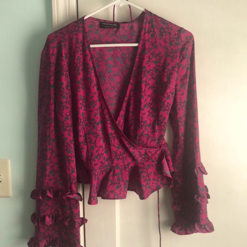 Floral magenta wrap top with long sleeves